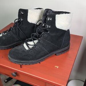 Marc Fisher Black Suede Combat Boots with White Lining
